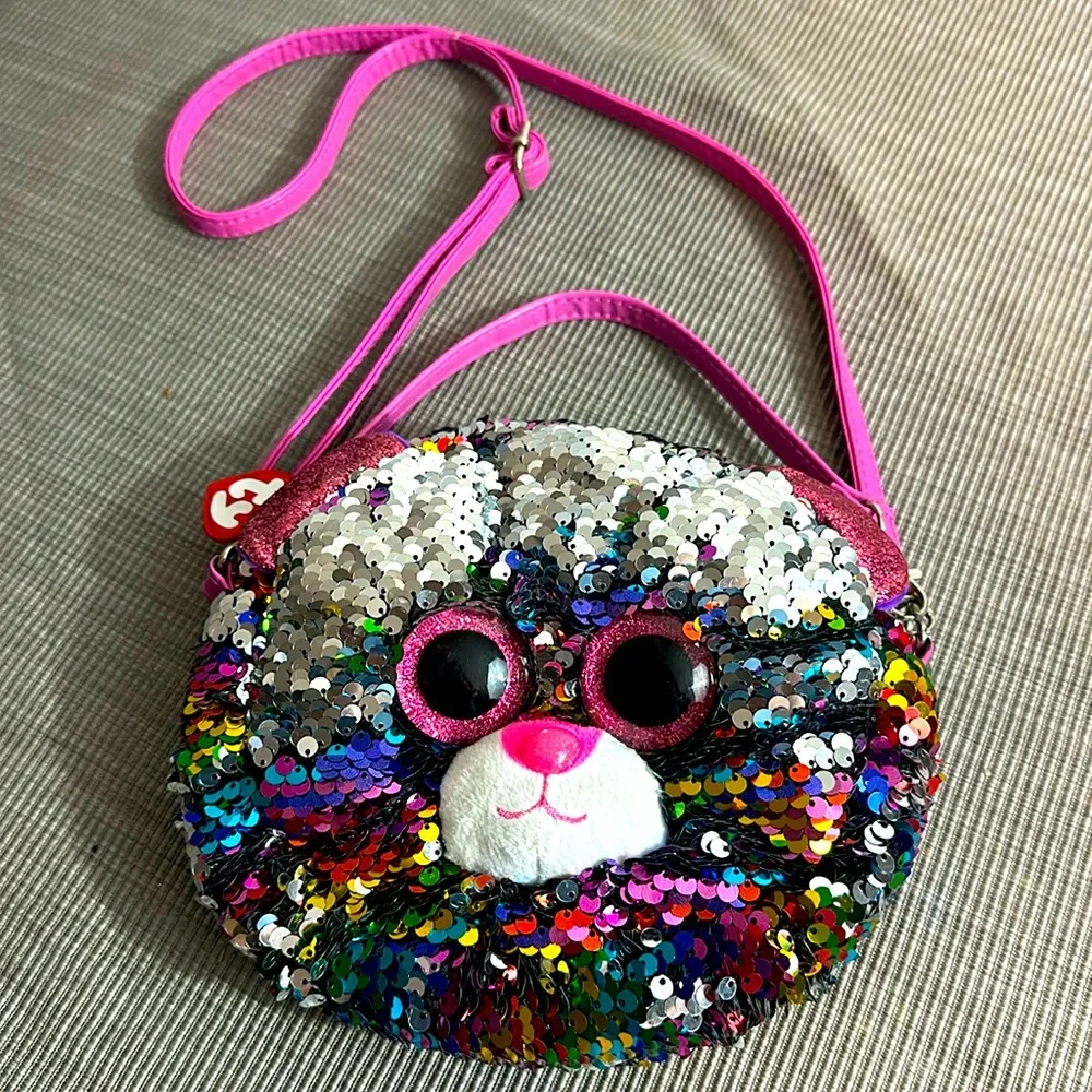 💚5 TY Fashion Flip Sequin Cat Purse Silver/Rainbow/Pink Strap- Zipper Beanie